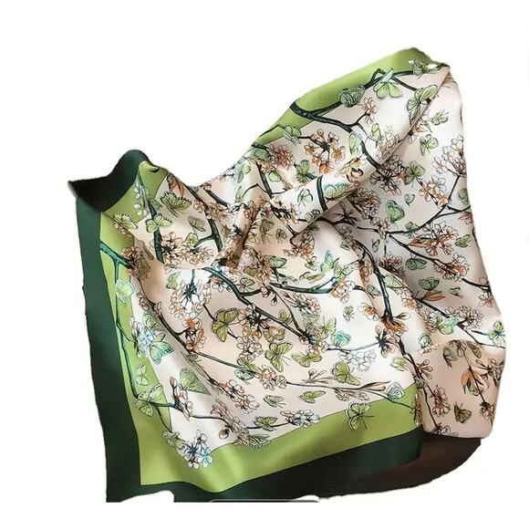 Botanical Satin Scarf Beige-Green Square Silk Feel Head Wrap 27" NWT - Picture 5 of 5